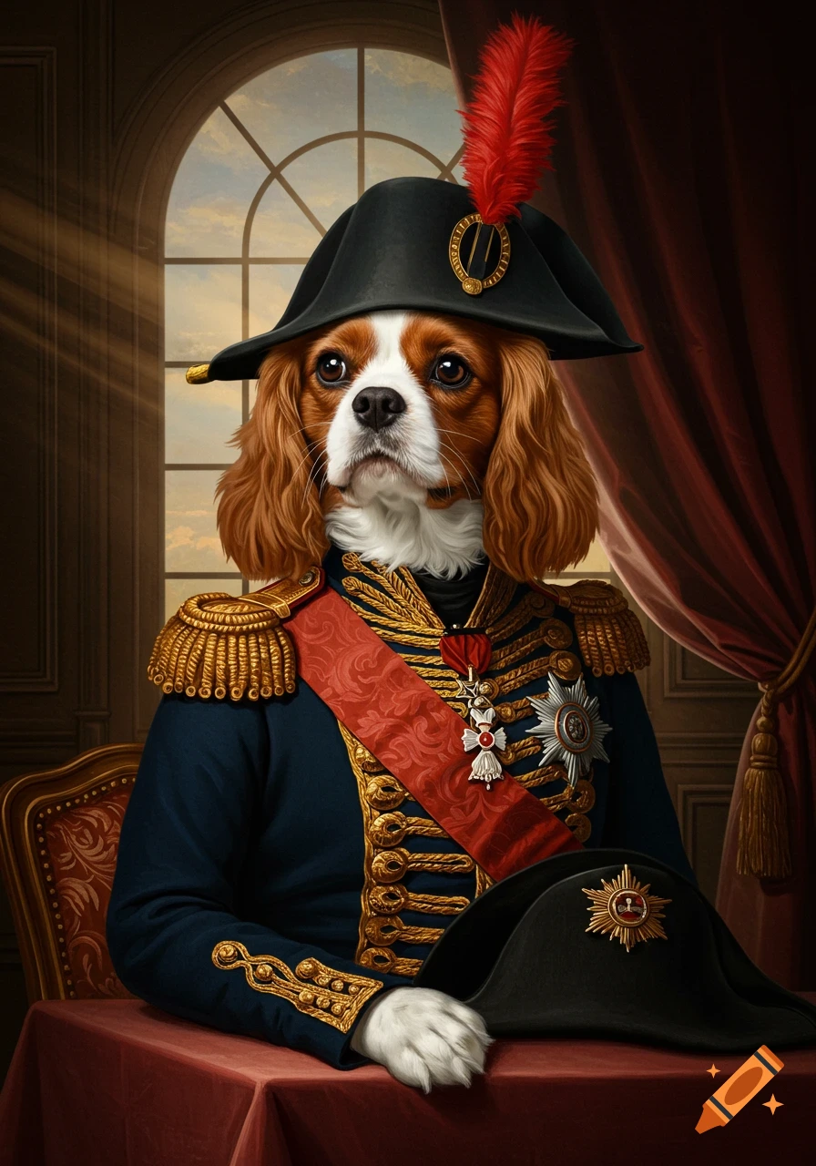 A formal portrait of a King Charles Spaniel dog wearing a blue and gold military uniform with a bicorne hat and red feather.
