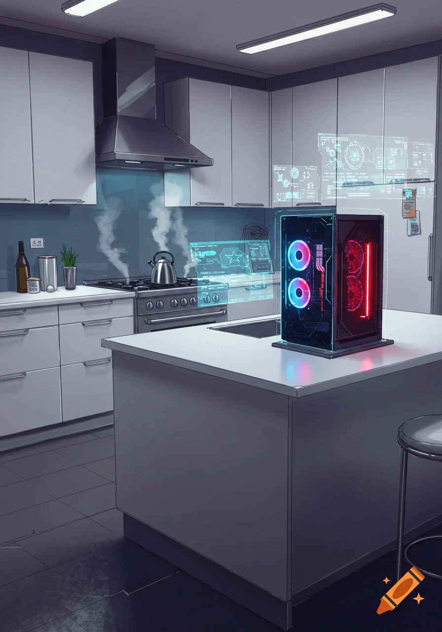 An animated futuristic kitchen features a glowing gaming PC on the island, a kettle steaming on the stove, and holographic displays showing data.