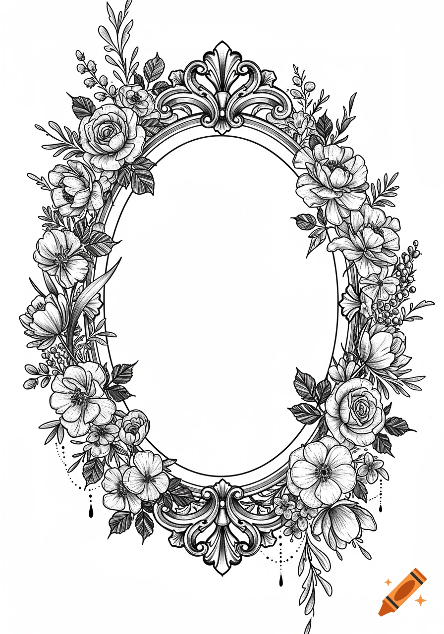 Black and white illustration of an oval antique frame surrounded by detailed wildflowers, roses, tulips, and leaves.