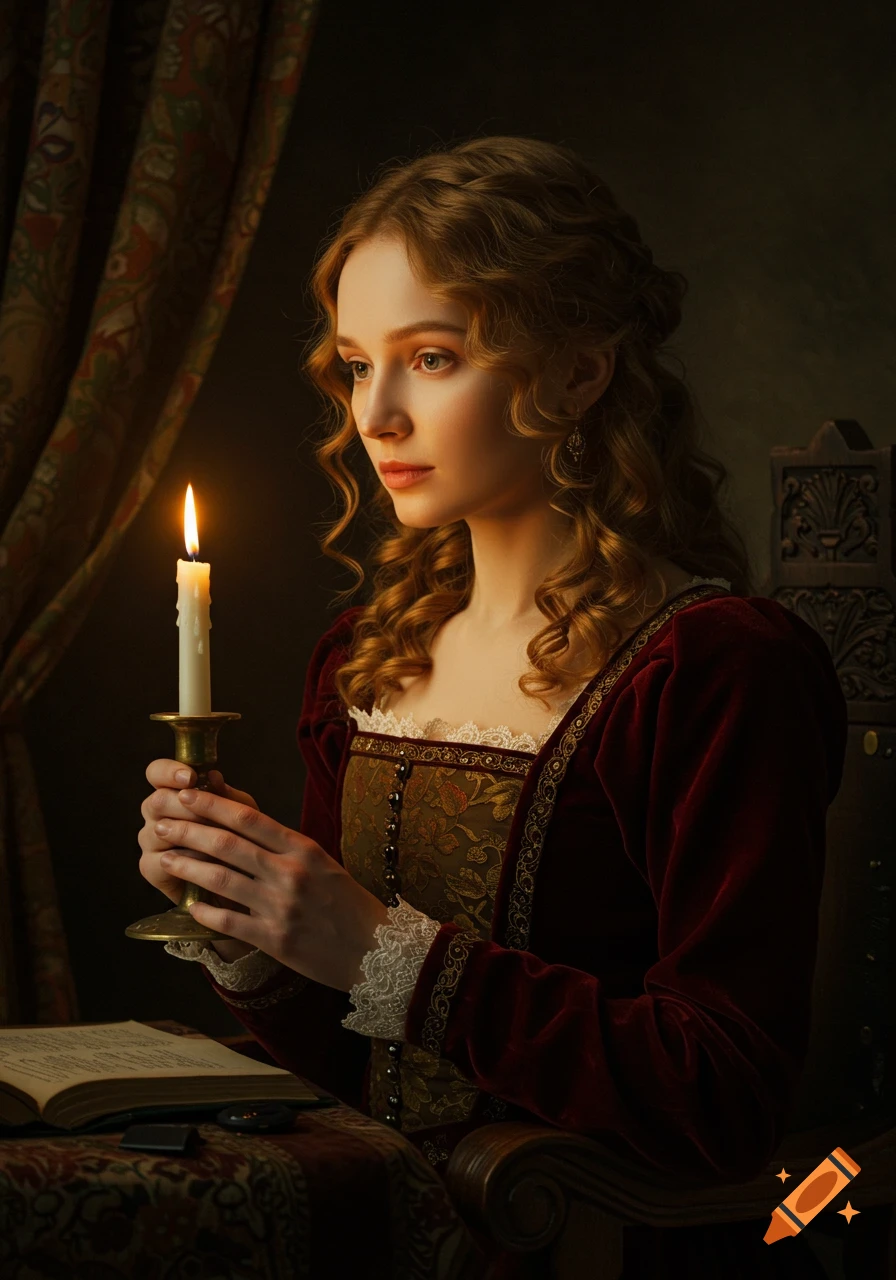 A woman in a Renaissance-style red and gold dress holding a lit candle, looking intently at the flame. An open book lies on a table in front of her.