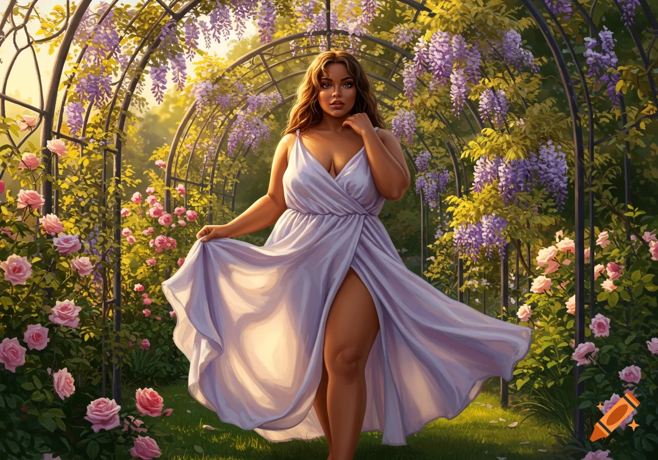 A woman in a flowing lavender dress stands in a vibrant garden with wisteria arches and pink roses, digital art.