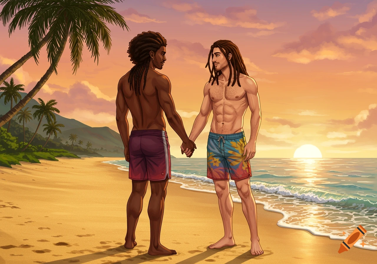 Two shirtless men with dreadlocks, wearing swim trunks, hold hands on a sandy beach at sunset, with palm trees and mountains in the background, in an illustrative style.