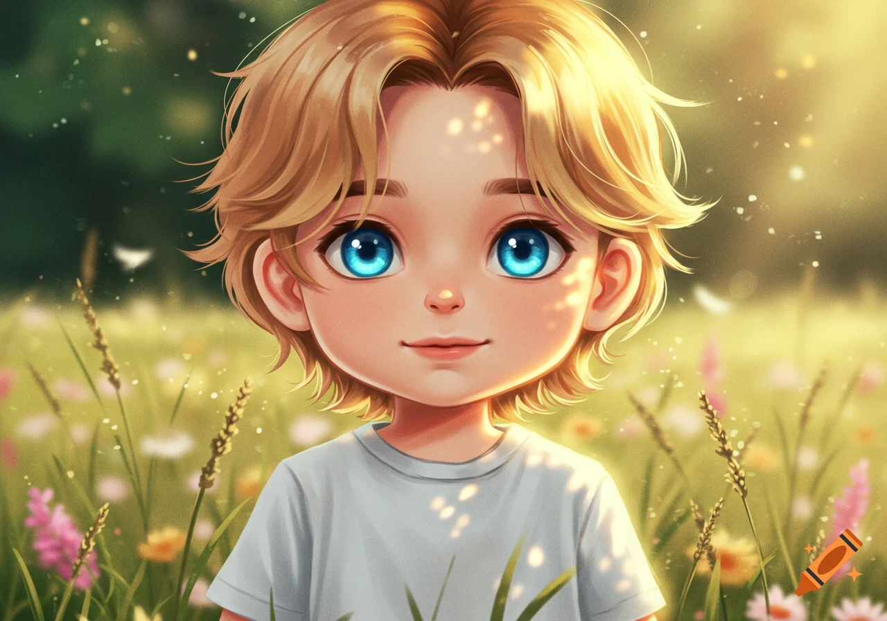 A cute cartoon boy with blonde hair and bright blue eyes smiles in a sunny field of flowers.