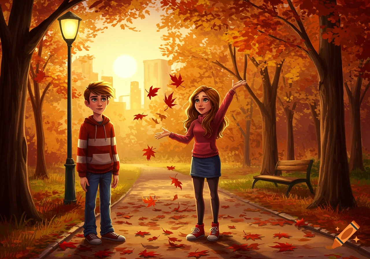 A cartoon boy and girl in an autumn park with falling red leaves. The girl is throwing leaves, and the boy stands beside a lamppost.