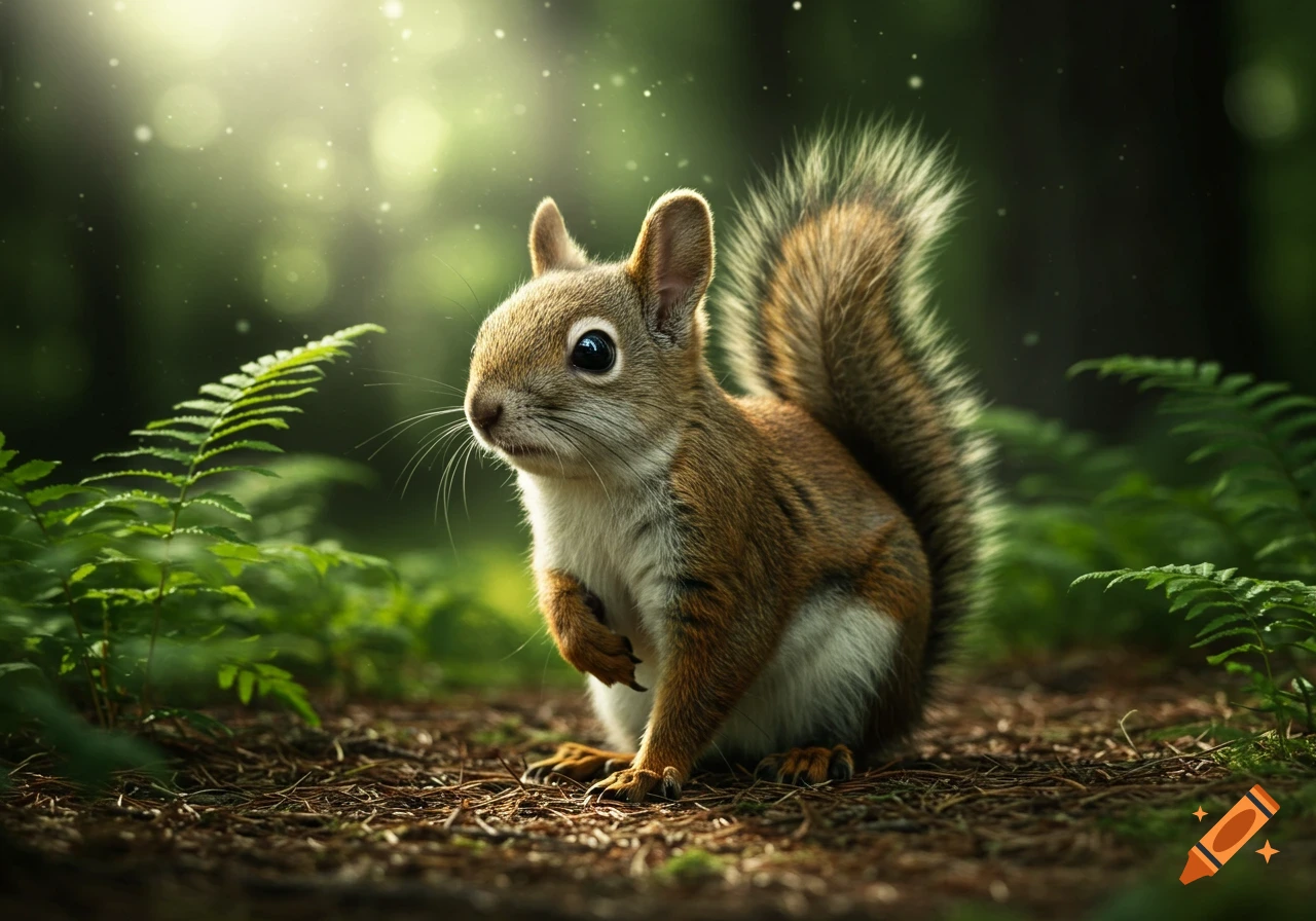 A detailed, photorealistic image of a small squirrel sitting on the forest floor, surrounded by green ferns and dappled sunlight.