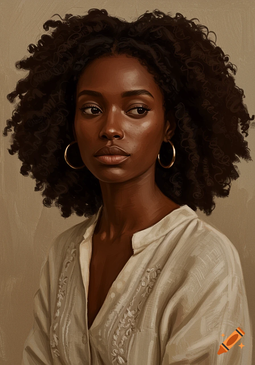 A painted portrait of a Black woman with curly hair and hoop earrings, wearing a white linen blouse, looking to the side.