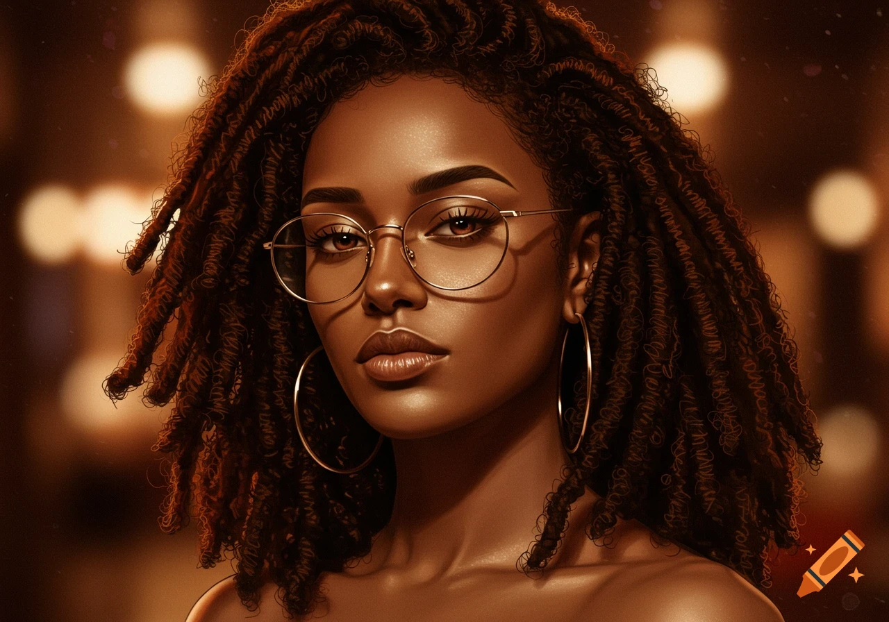 Close-up portrait of a dark-skinned woman with dreadlocks, round glasses, and hoop earrings against a bokeh background.