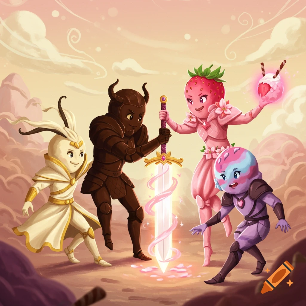 Four anthropomorphic fantasy characters (vanilla, chocolate, strawberry, neapolitan) in armor gather around a glowing sword.
