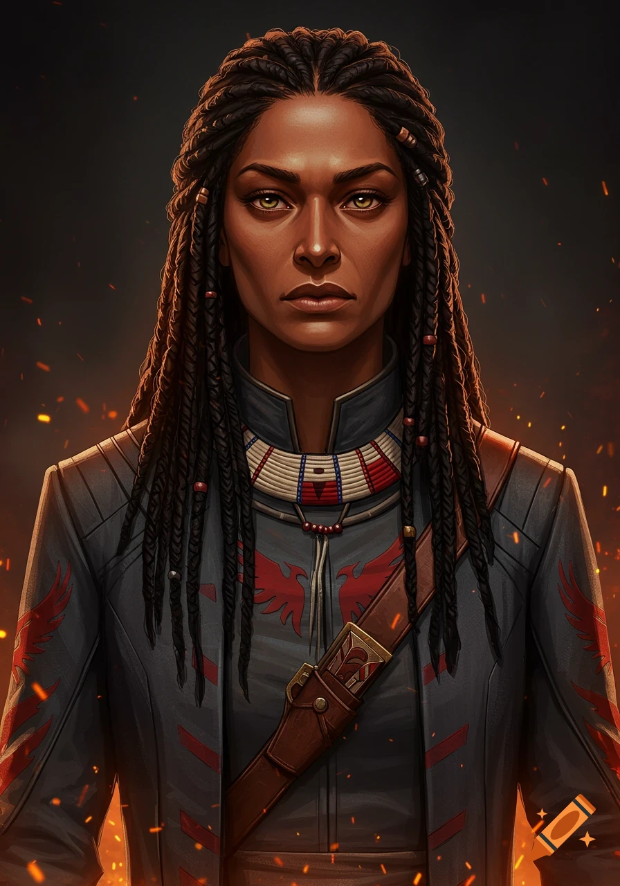 A portrait of a woman with dark braided hair, amber eyes, and a patterned collar, wearing a gray uniform jacket with red phoenix insignias, against a fiery dark background.