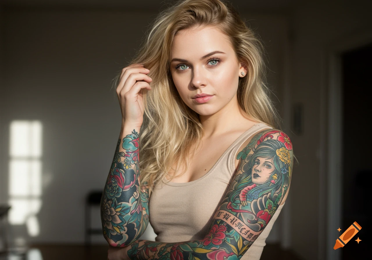 A photorealistic portrait of a blonde woman with bright green eyes and colorful full sleeve tattoos on both arms, looking directly at the viewer.