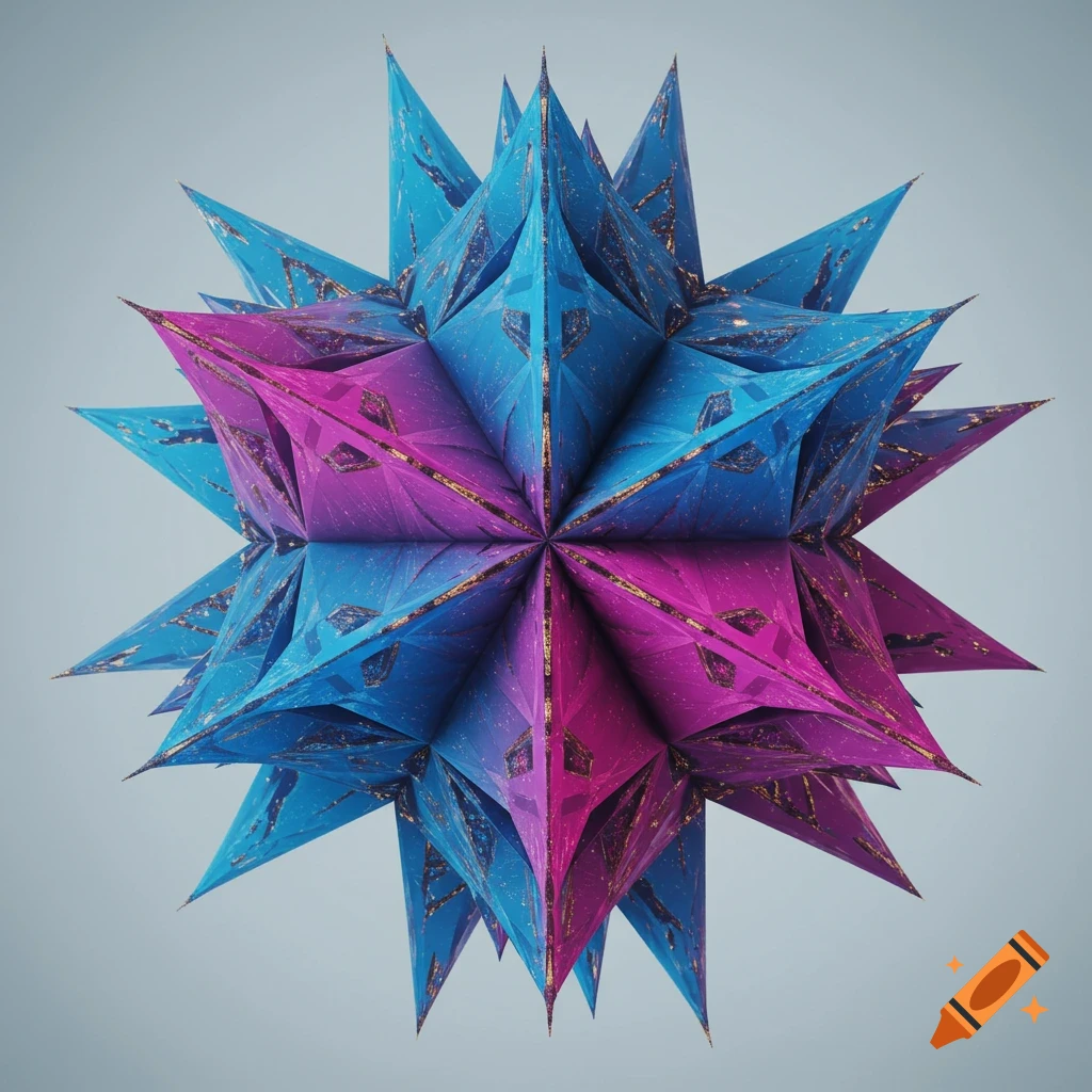 A spiky, star-shaped geometric object, half bright blue and half magenta, with gold speckles, on a light background.