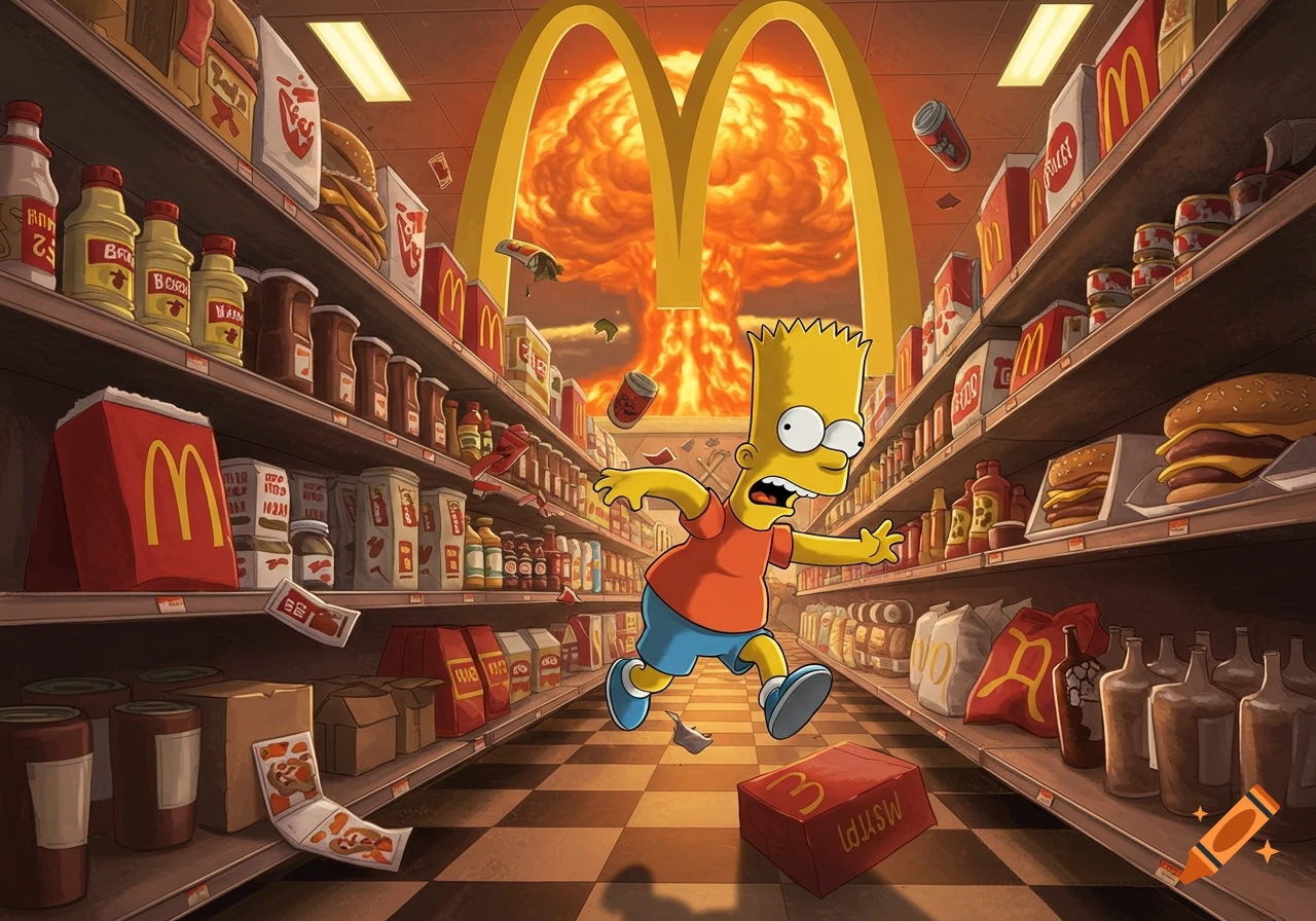 Bart Simpson runs screaming through a McDonald's themed supermarket aisle as a nuclear explosion, framed by the golden arches, erupts behind him.