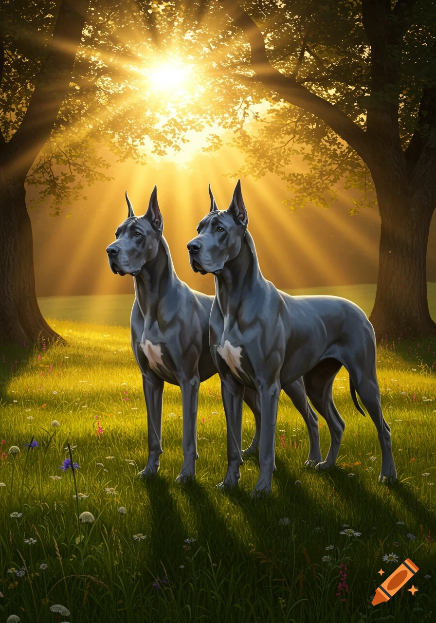 Two blue Great Danes stand in a sunlit grassy field with trees and sunbeams in the background.