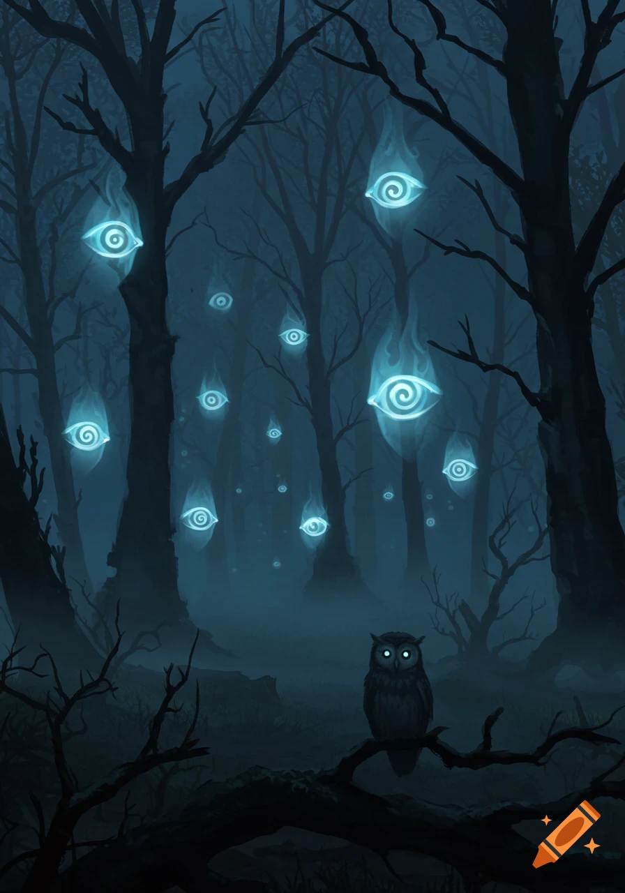 A dark, misty forest at night with numerous glowing blue eyes floating among the bare trees, and an owl with glowing eyes perched on a branch.
