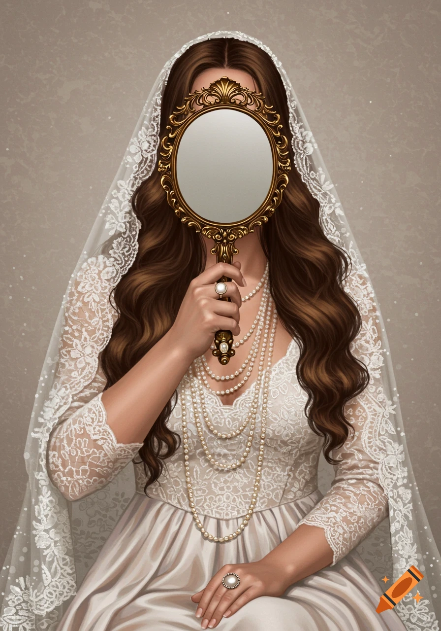 A woman in a white lace gown and veil holds an ornate gold mirror over her face. She wears long pearl necklaces. Illustrated in a period style.