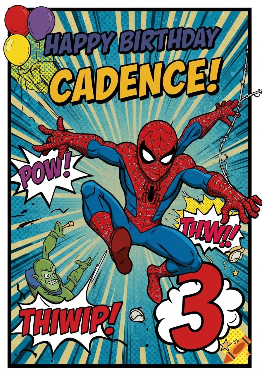 A retro comic strip birthday card featuring Spider-Man leaping over a falling Green Goblin, with text 'Happy Birthday Cadence! 3'.