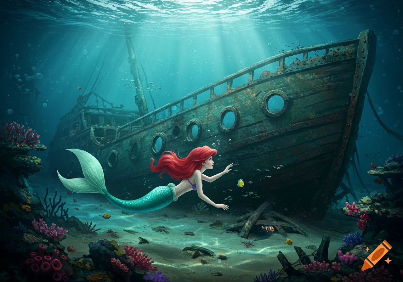 A mermaid with red hair and a green tail swims past a large sunken ship at the bottom of the ocean, with sunlight filtering through the water.