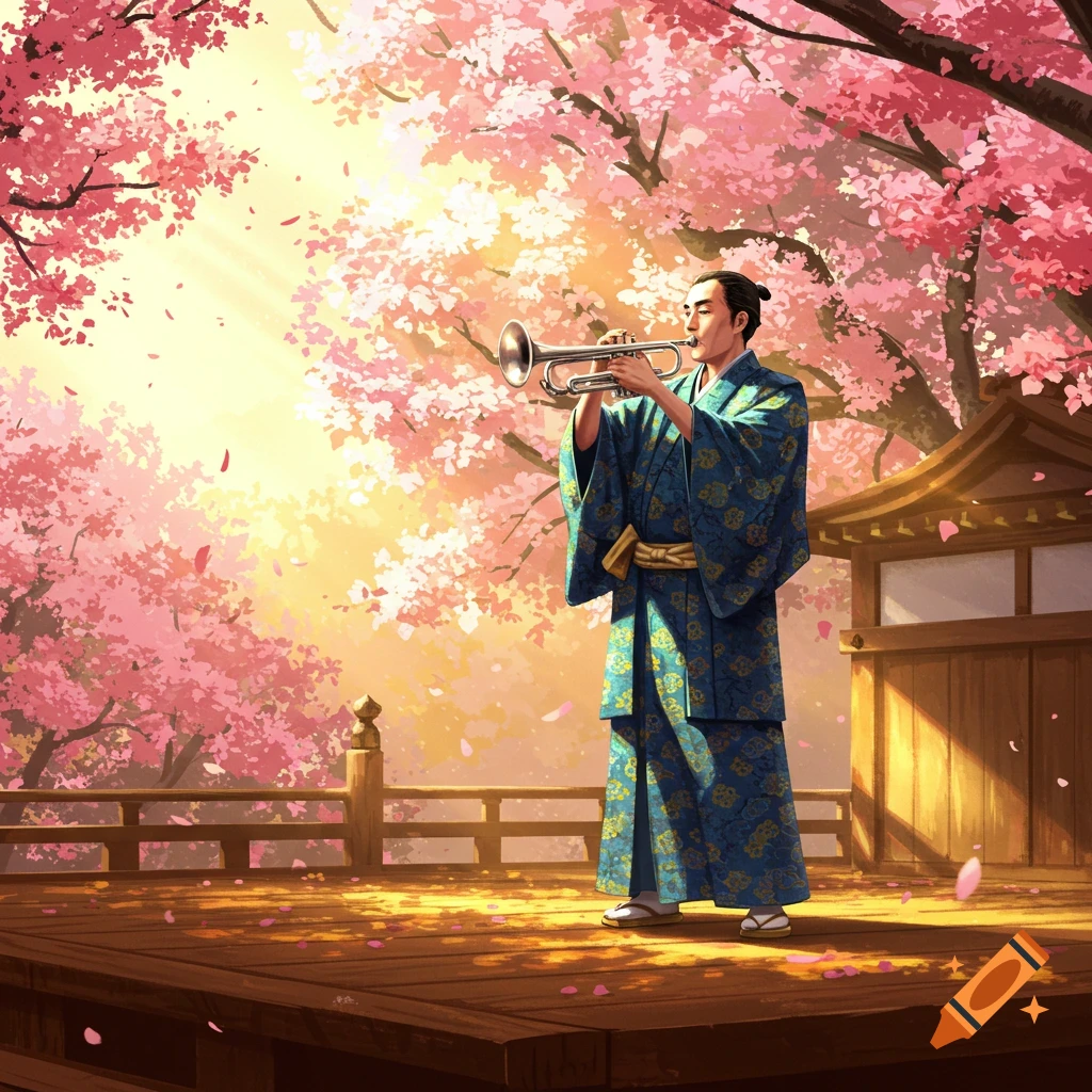 A man in a blue kimono plays a trumpet on a wooden platform surrounded by blooming pink cherry blossom trees at sunrise.