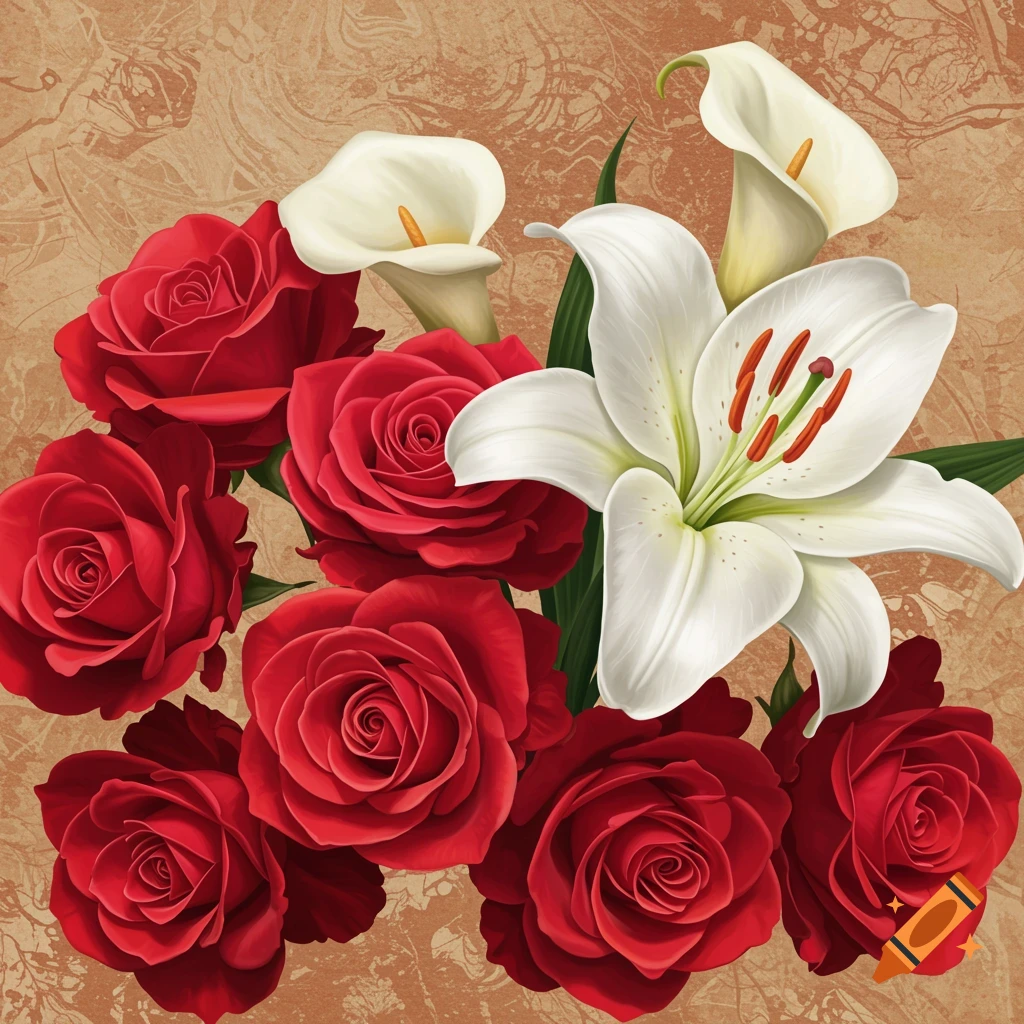 A vibrant bouquet featuring several red roses and white lilies arranged on a textured beige background.