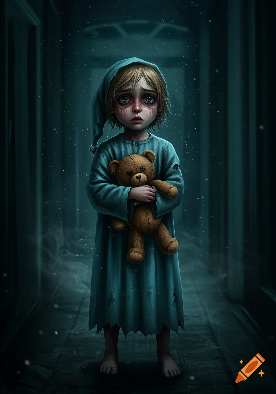 A scared child in a teal nightgown and cap holds a teddy bear in a dark, eerie hallway with faint light and particles.