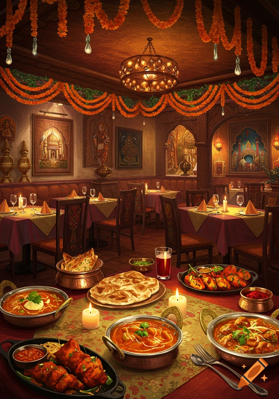 An ornate Indian restaurant interior decorated with marigold garlands, featuring tables set with red cloths and various Indian dishes like curries, naan, and tandoori chicken.