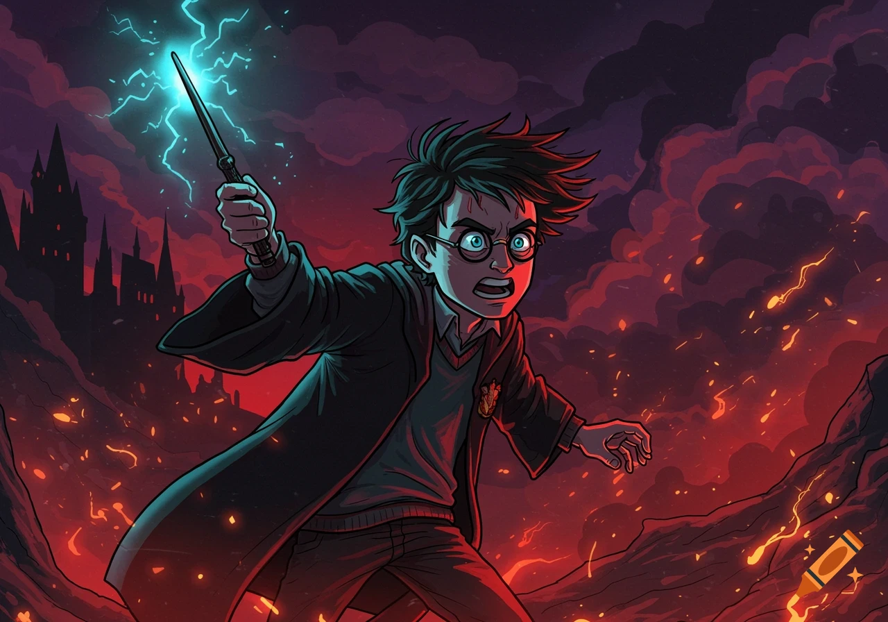 Angry cartoon Harry Potter casts a spell with his glowing wand amidst a fiery, stormy sky and castle silhouette.