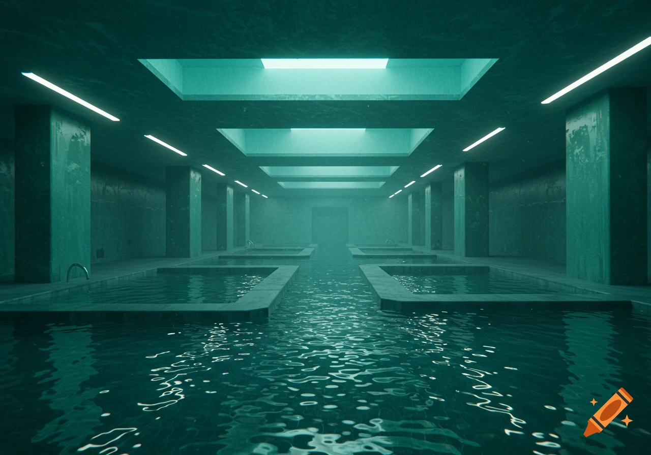 An eerie, teal-lit indoor pool complex with multiple square pools, concrete columns, and fluorescent strip lights on the ceiling.