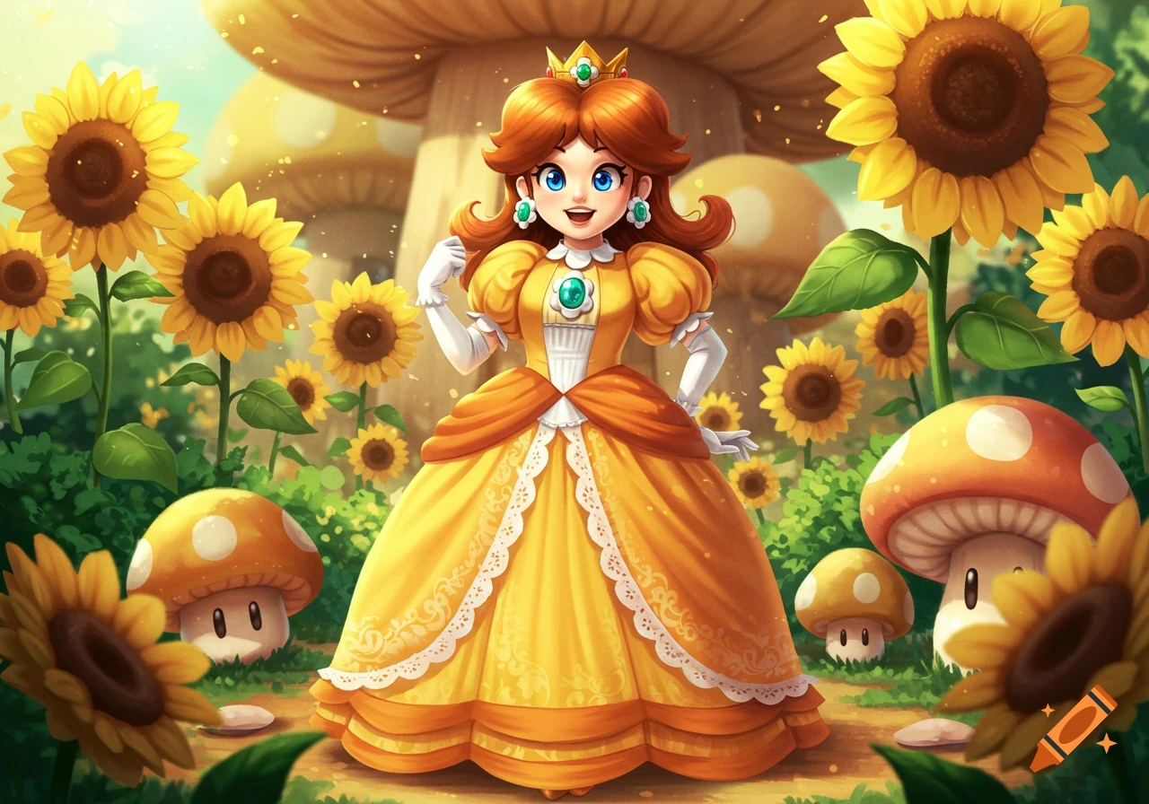 Princess Daisy in a yellow dress stands in a vibrant field of sunflowers and mushrooms, under a giant mushroom.
