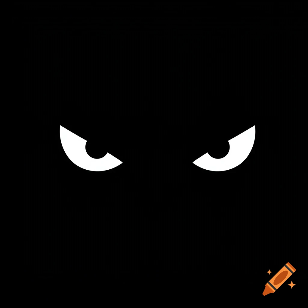 Two sharp white cartoon eyes glowing against a pitch-black background in a minimalist style.