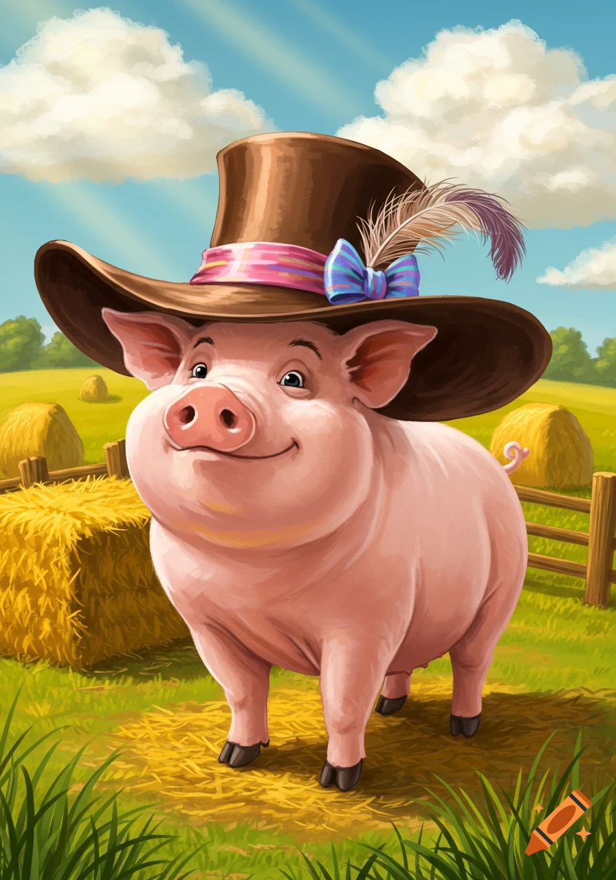 A happy cartoon pig wearing a large brown top hat with a colorful band and feather stands in a sunny green field with hay bales.