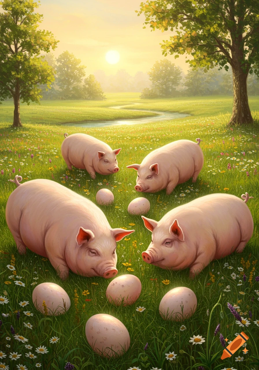 Four pigs and several large eggs rest in a vibrant green meadow with wildflowers under a sunny sky.