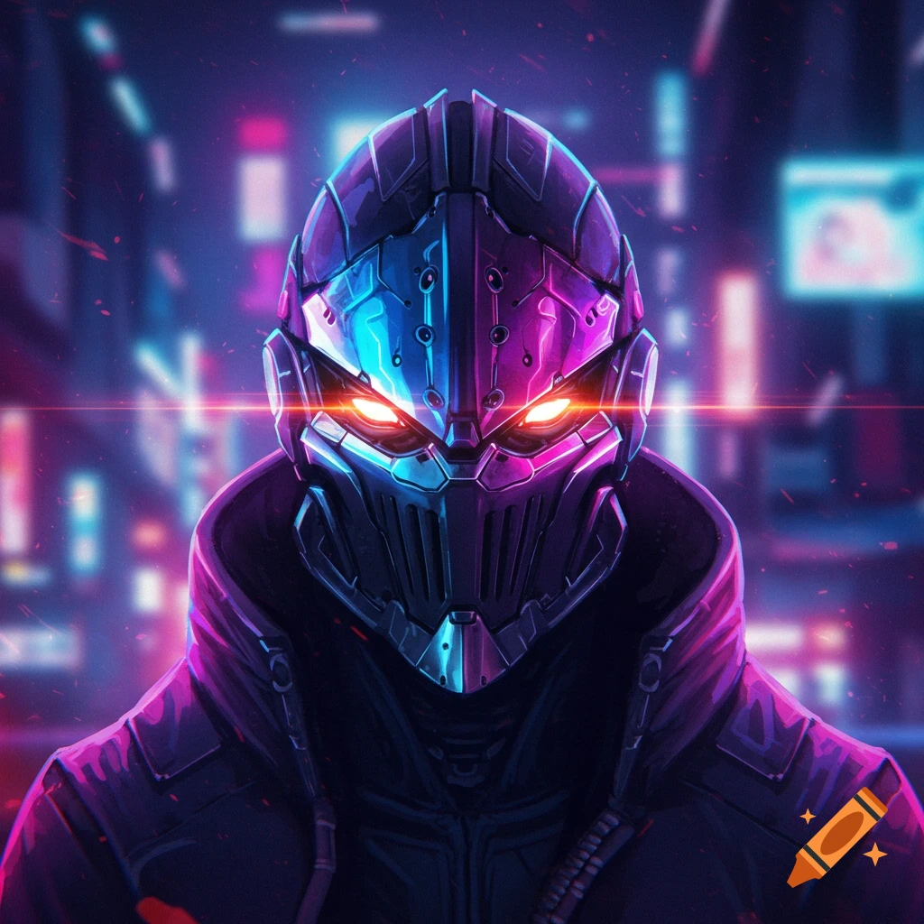 A close-up of a futuristic, metallic helmet with glowing orange eyes, bathed in neon blue and purple light against a blurred cyberpunk city background.