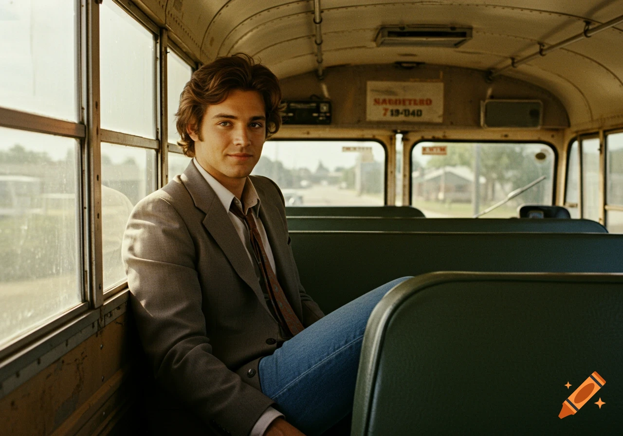 A young man with wavy hair in a suit jacket, tie, and jeans sits on a vintage bus, looking towards the camera.