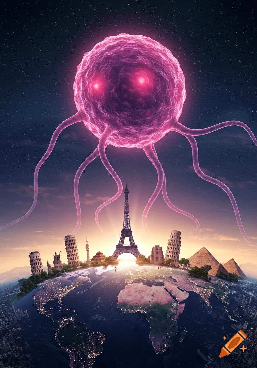 A giant glowing pink cell with tendrils hovers over a miniature Earth, featuring global landmarks and city lights at dusk against a starry sky.