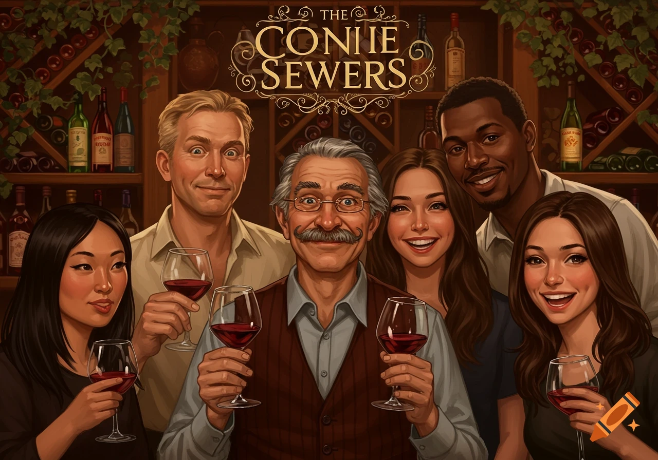 Illustrative portrait of a diverse group of five adults smiling and holding wine glasses in a cellar.