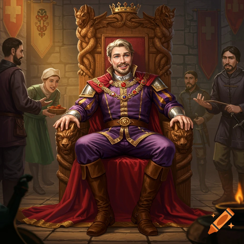 A smiling king in purple and gold royal attire sits on an elaborate carved throne, attended by several people in a medieval hall.