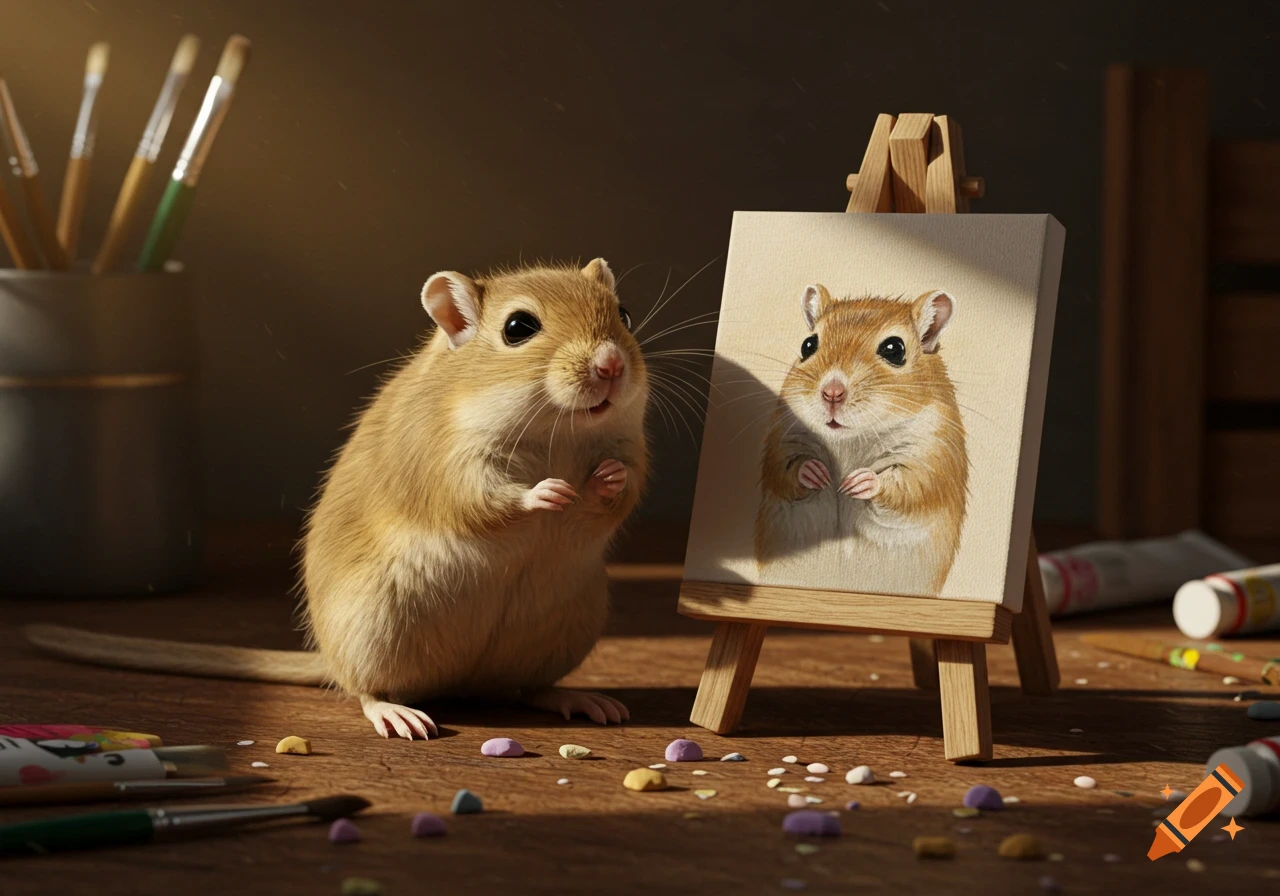A fluffy gerbil stands next to a miniature easel displaying a realistic portrait of itself, surrounded by art supplies.