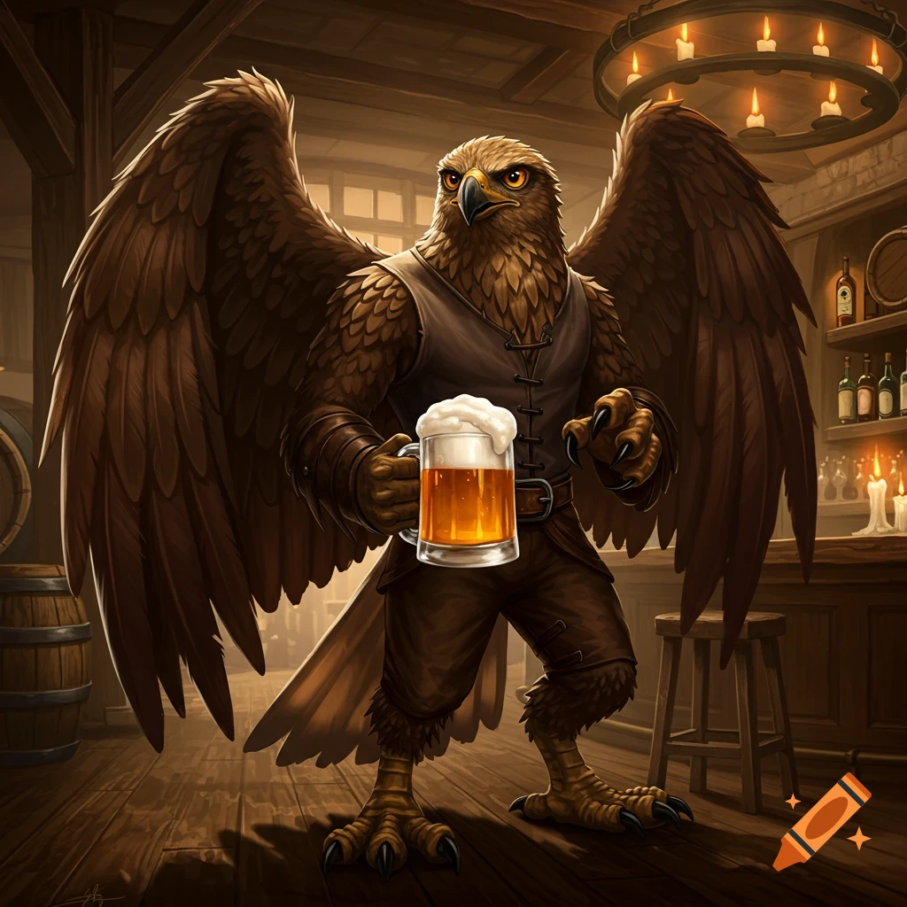 An anthropomorphic eagle in a rustic tavern holds a frothy mug of beer.