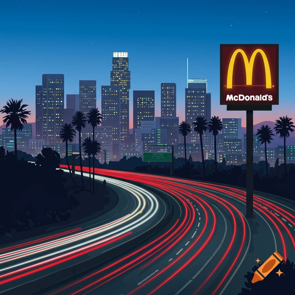 A stylized nighttime cityscape with a freeway showing red and white light trails, palm trees, and a large, illuminated McDonald's sign.
