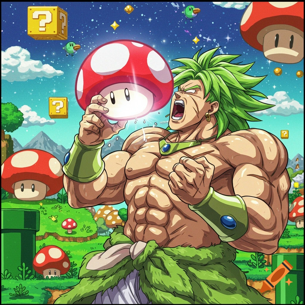 Muscular Broly from Dragon Ball Z holds a glowing Super Mushroom in a vibrant Super Mario Bros. landscape.