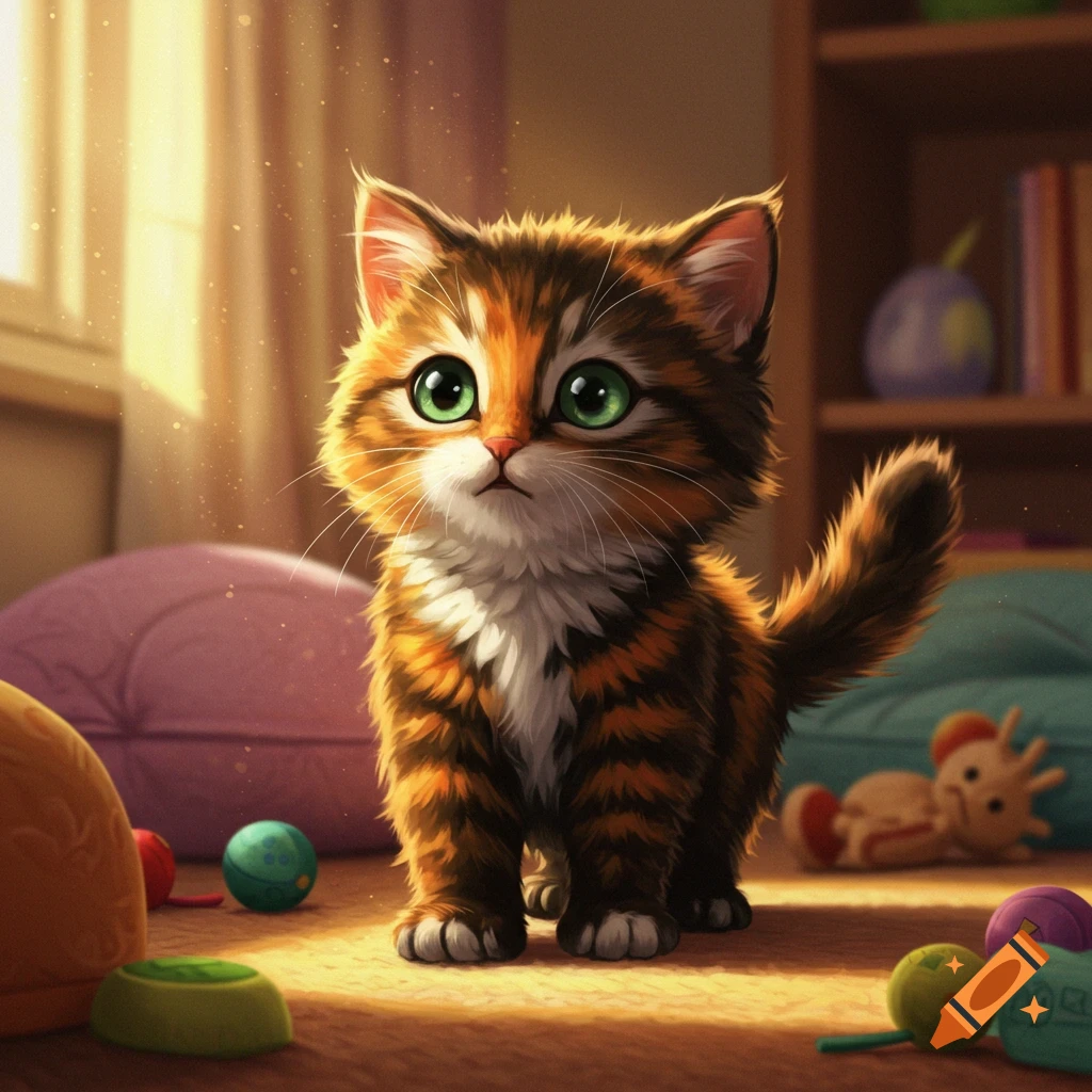 A Pixar-style tortoiseshell kitten with big green eyes stands in a sunlit room with toys on the floor.