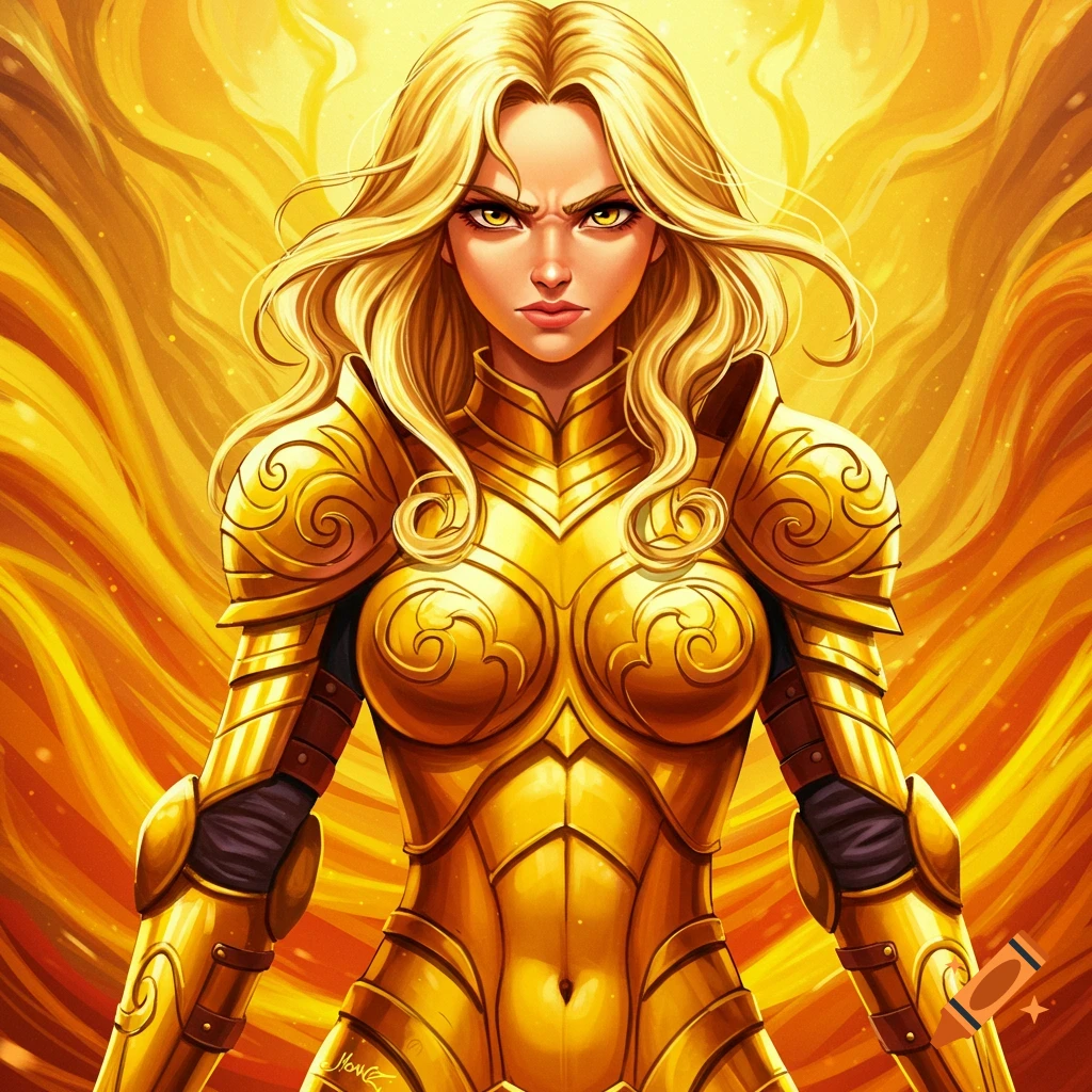 A stylized illustration of a blonde female warrior in golden armor, with golden eyes and a scowling expression, against a fiery golden background.