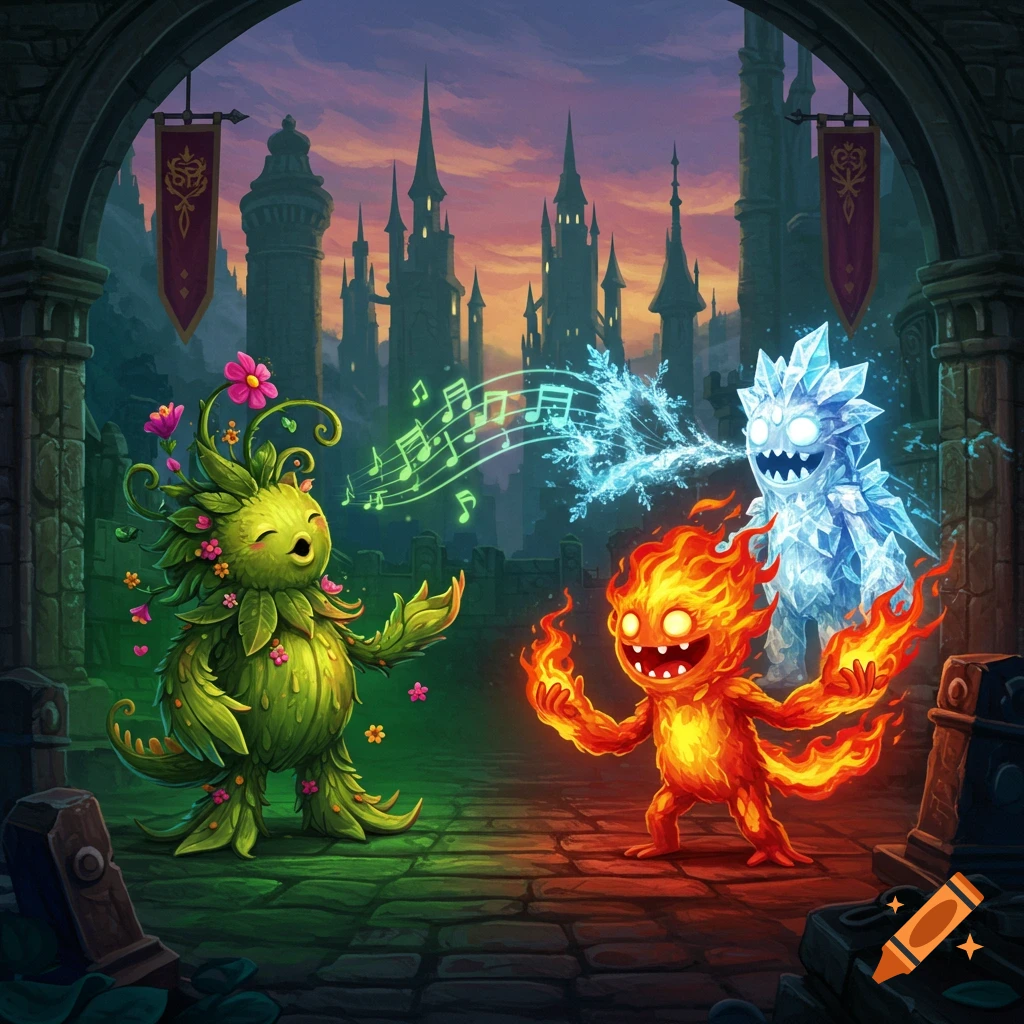 A green plant monster sings to an orange fire monster and a blue ice monster under a stone archway, with a medieval castle at sunset.