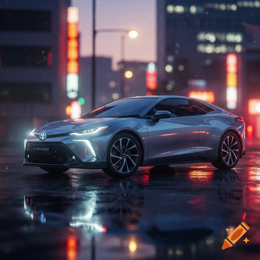 A silver Toyota Hyryder car parked on a wet city street at night, reflecting bright red and white neon lights.