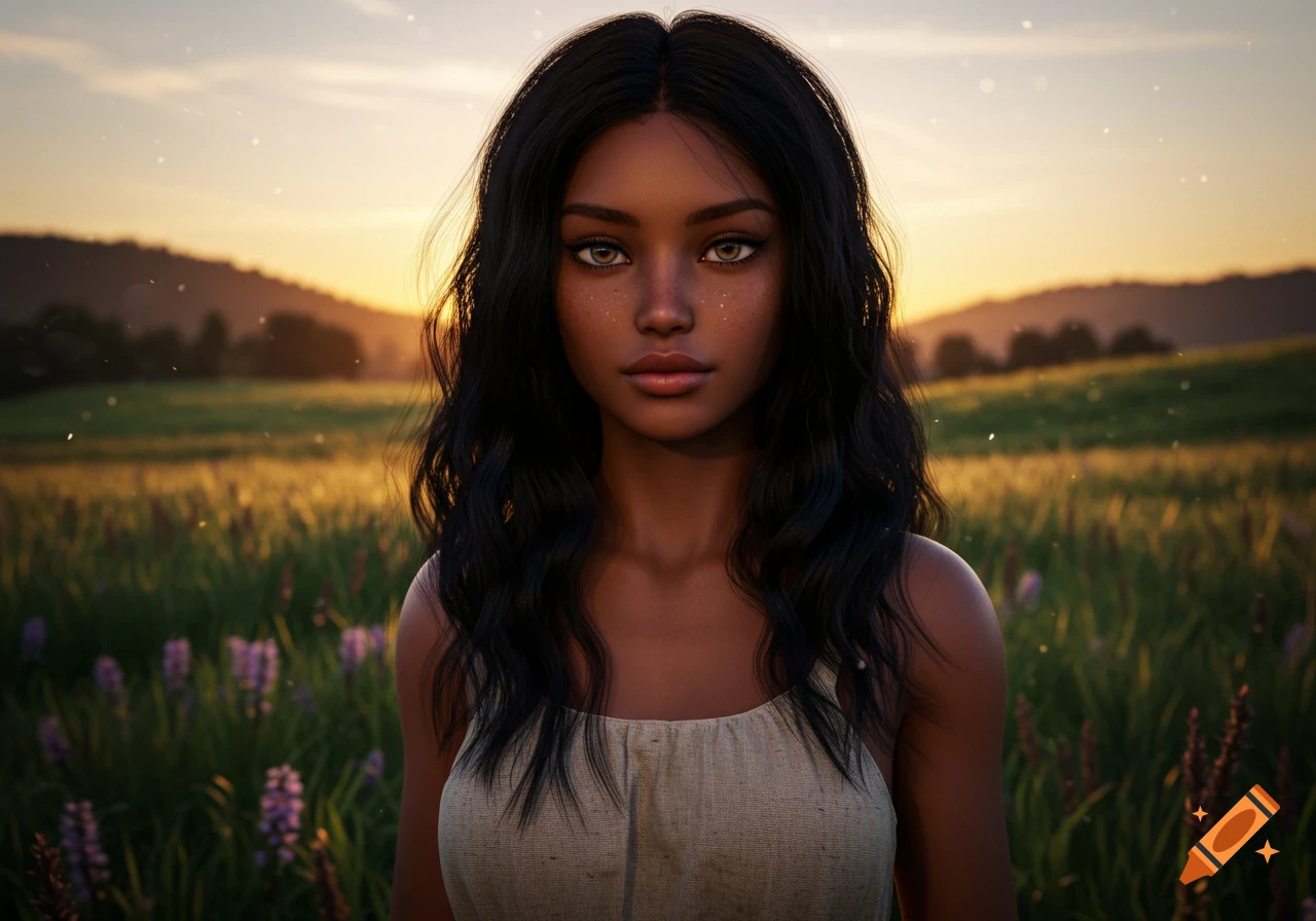 A photorealistic portrait of a young woman with long black hair and brown skin, standing in a field at sunset.