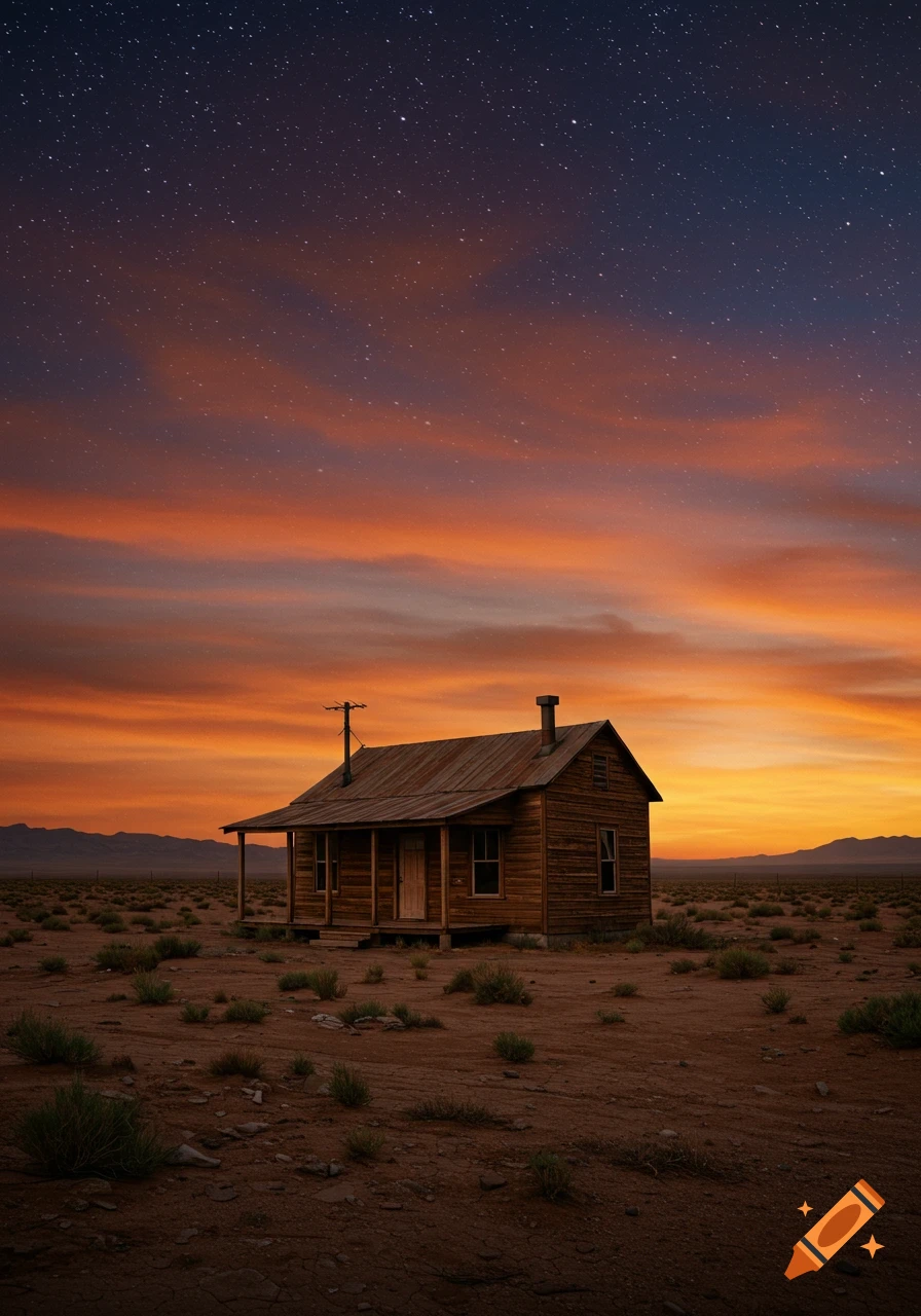 A solitary wooden house stands in a vast, barren desert under a vibrant sunset sky transitioning to a star-filled night.