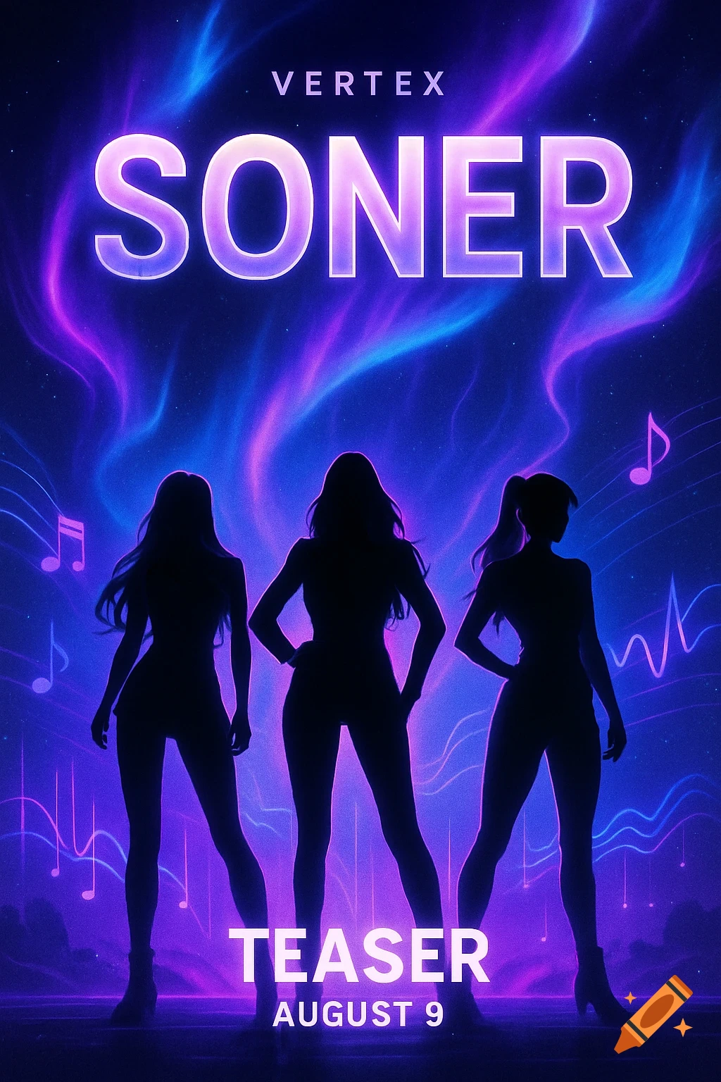 A neon purple and blue music poster with silhouettes of three women, featuring the text 'VERTEX SONER TEASER AUGUST 9'.
