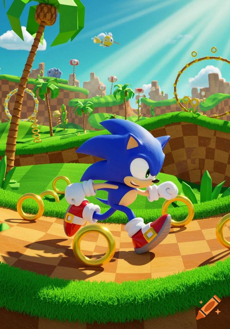 Sonic the Hedgehog runs through Green Hill Zone, surrounded by golden rings and palm trees under a sunny sky.