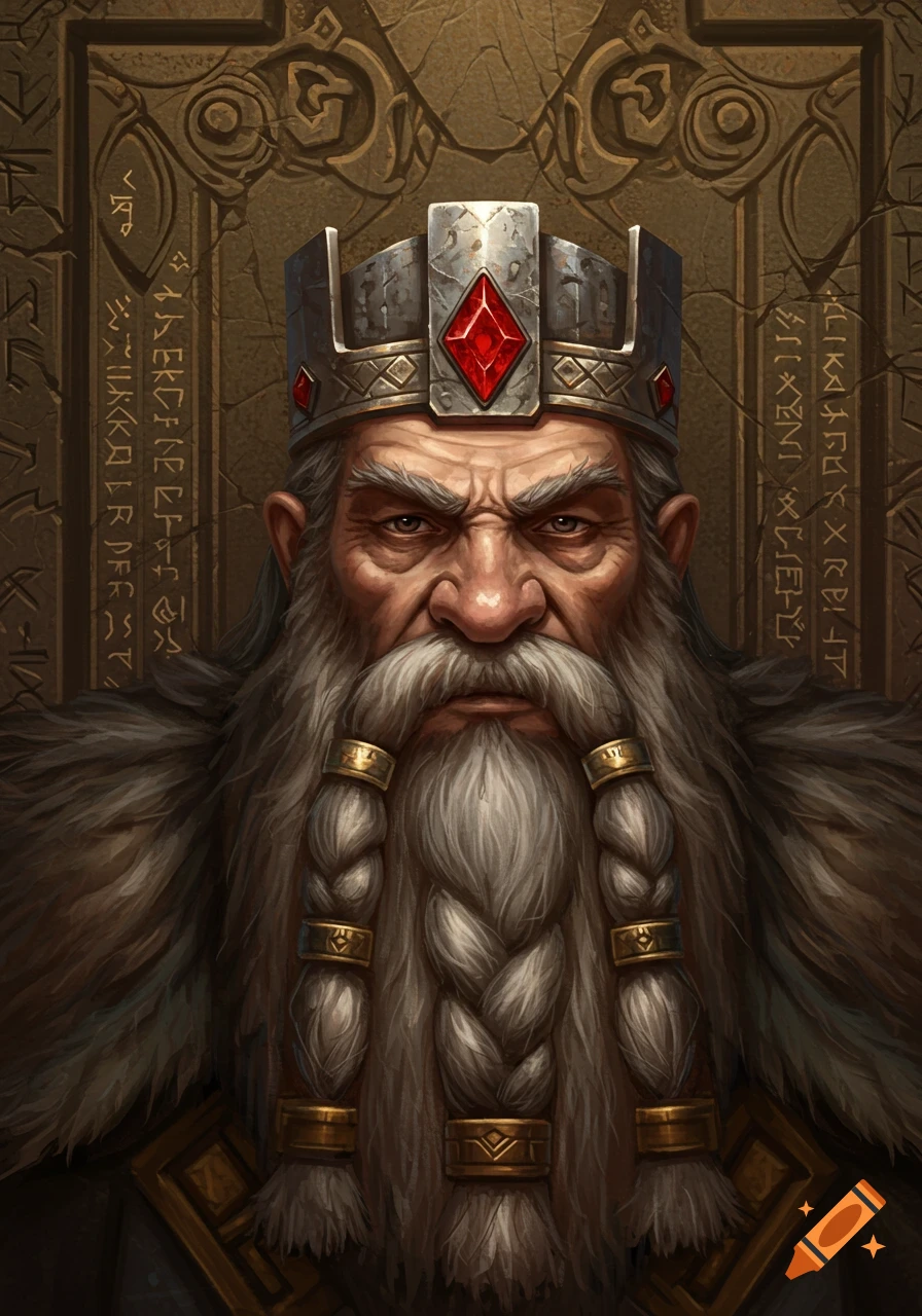 A detailed digital painting of a stern dwarven king with a long braided white beard and an iron crown with a red ruby.