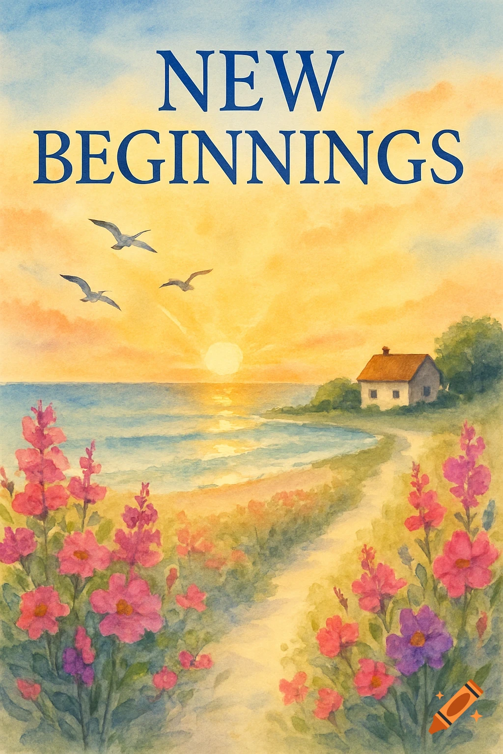 Watercolor painting of a vibrant sunset over a calm beach with a house, path, pink flowers, and seagulls. Text reads 'NEW BEGINNINGS'.